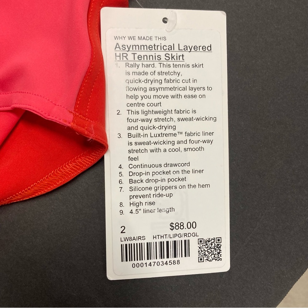 lululemon Tennis Skirt Size 2 Red Pink Asymmetrical Layered High Rise Skirt NWT - Picture 8 of 13